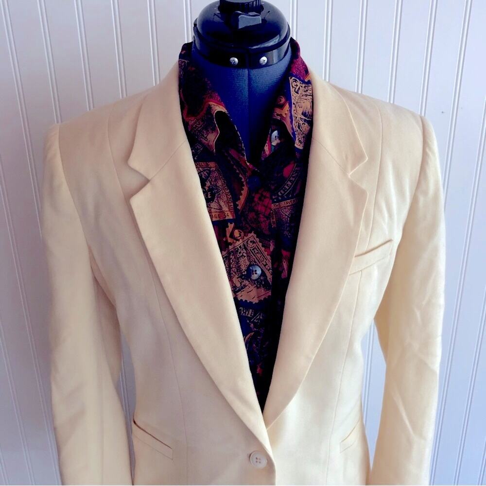 Vintage Cream Wool Blazer Shoulder Pads One button Structured Tailored Ivory Med